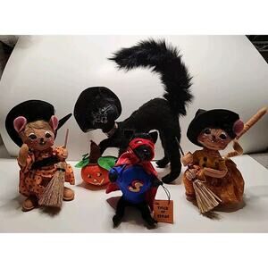 Lot Of 4 Annalee Dolls Halloween 2 Mice Pumpkin Black Cat Witch Super Cat